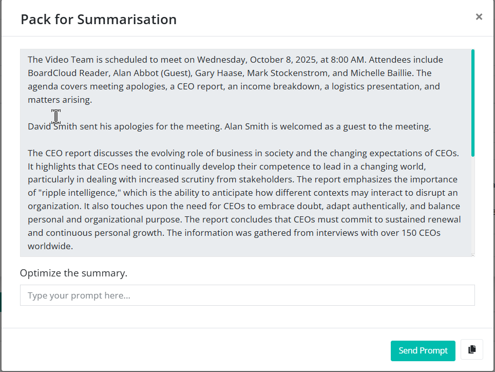 summarized board pack with prompt window